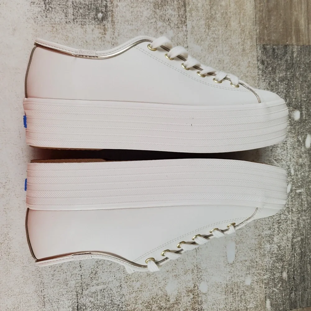 Keds Triple Up Womens Tennis Shoes Sz 8 M White Gold Leather Lace Up Platform